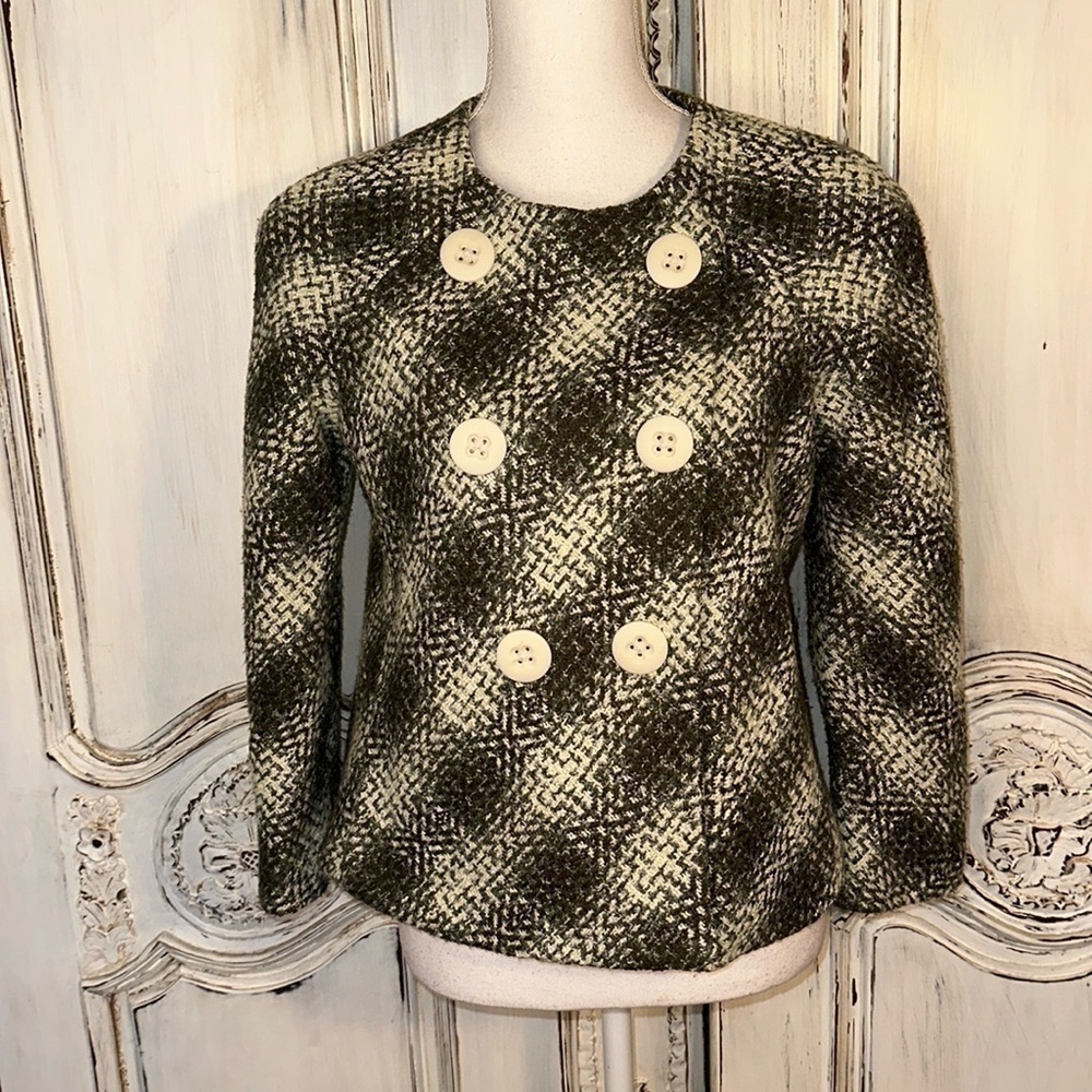 Signature by Larry Levine Earth Tones Plaid Tweed Double Breasted Cropped Jacket
